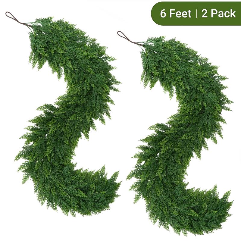 6 FT 2 Pcs Artificial Cedar Garlands, Real Touch Winter Cedar Garland, Green Artificial Greenery Pine Garland for Table, Mantle, Wall, Indoor, Outdoor Christmas Decorations (2, 6 FT)
