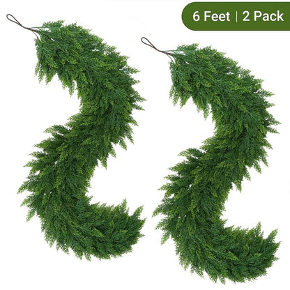 6 FT 2 Pcs Artificial Cedar Garlands, Real Touch Winter Cedar Garland, Green Artificial Greenery Pine Garland for Table, Mantle, Wall, Indoor, Outdoor Christmas Decorations (2, 6 FT)