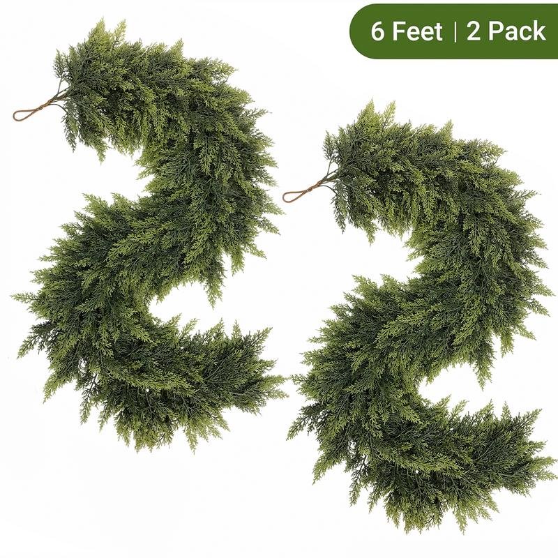 6 FT 2 Pcs Artificial Cedar Garlands, Real Touch Winter Cedar Garland, Green Artificial Greenery Pine Garland for Table, Mantle, Wall, Indoor, Outdoor Christmas Decorations (2, 6 FT)